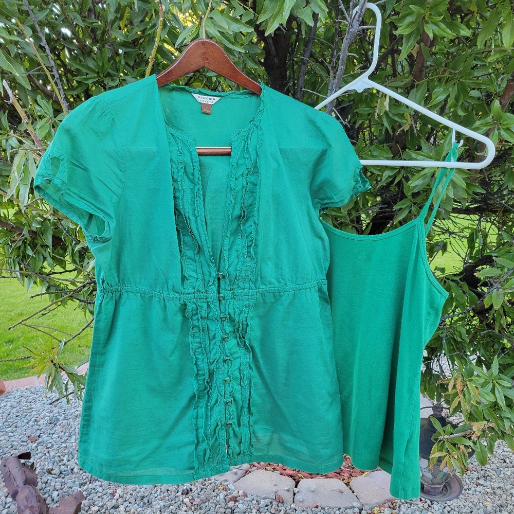 Frilly Green Cotton Womens Semi Sheer Top with Matching Tank Top Medium